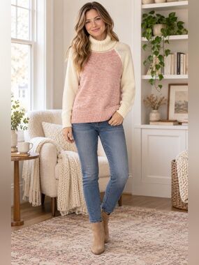 ModCloth Pink Ivory Turtleneck Sweater Small